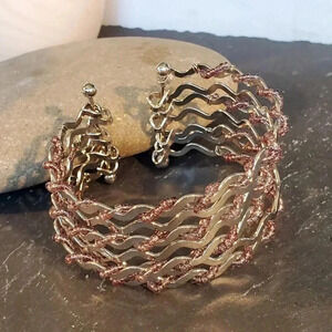 Vintage 90s Y2K Silver Pink Beaded Wire Wrap Detail Cuff Bracelet